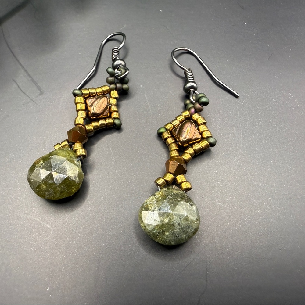 Gold Accent Olive Green Teardrop Bead Earrings